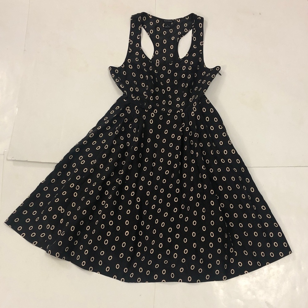Club Monaco 2 Dress Dark Charcoal Grey Cream Circle Pattern Pocket Zipper T back